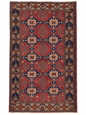4x7 Red Geometric Vintage Baluch Hand-Knotted Wool Rug