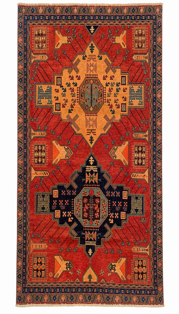 4x7 Red Geometric Medallion Vintage Turkish Hand-Knotted Wool Rug