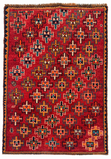 5x7 Red Repeating Geometric Vintage Turkish Hand-Knotted Wool Rug