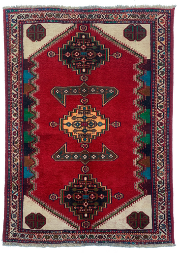 4x5 Red Triple Medallion Vintage Turkish Hand-Knotted Wool Rug