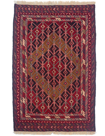 3x5 Red Diamond Medallion Vintage Afghan Mishwani Hand-Knotted Wool Rug