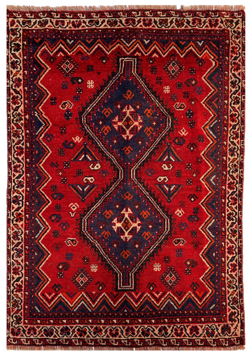 4x5 Red Geometric Vintage Turkish Hand-Knotted Wool Rug