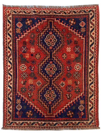 4x5 Red Geometric Vintage Turkish Hand-Knotted Wool Rug