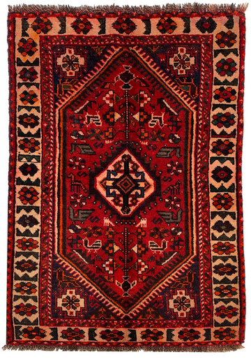 3x5 Red Geometric Vintage Turkish Hand-Knotted Wool Rug