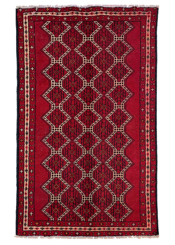 3x6 Red Geometric Diamond Vintage Turkish Hand-Knotted Wool Rug