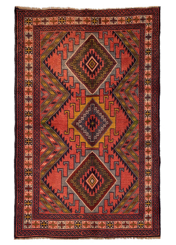 3x6 Red Geometric Diamond Vintage Turkish Hand-Knotted Wool Rug