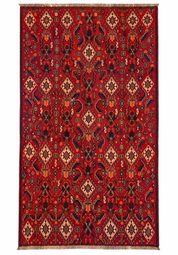 5x7 Red Floral Geometric Vintage Turkish Hand-Knotted Wool Rug