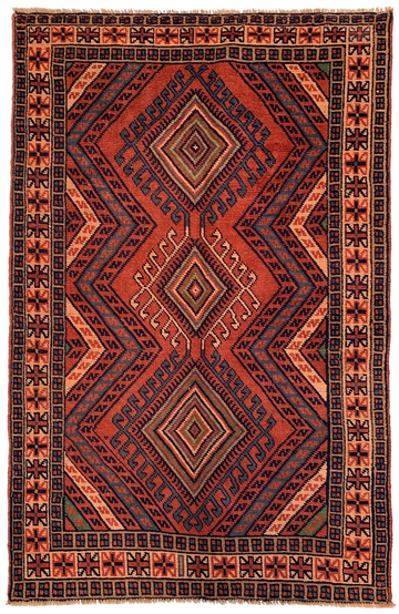 3x6 Terracotta Geometric Diamond Vintage Turkish Hand-Knotted Wool Rug