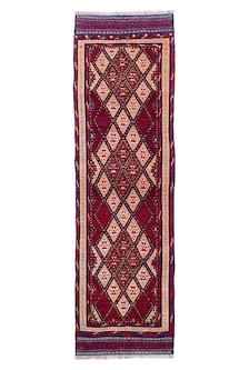 Red Diamond Medallion Vintage Afghan Mishwani Hand-Knotted Wool Runner Rug
