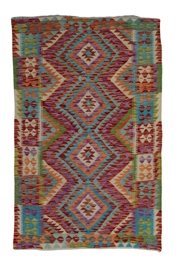3X5 Handmade Vintage Turkish Kilim Area Rug – Multicolor Geometric
