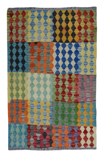 4X6 Handmade Vintage Turkish Kilim Area Rug – Multicolor Geometric