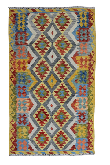 3X6 Handmade Vintage Turkish Kilim Runner Rug – Multicolor Geometric