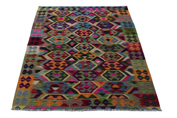 5x6 Turkish Vintage Kilim Rug – Handmade Wool Flatweave Carpet for Living Room, Bedroom & Kitchen | Rustic Geometric Design KLM115