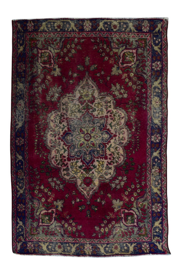 4X6 Handmade Vintage Turkish Accent Rug – Red Floral Medallion