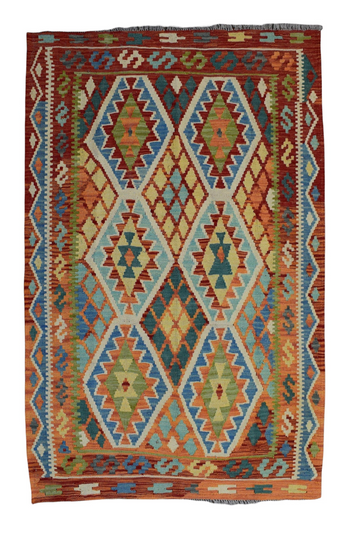 4X5 Handmade Vintage Turkish Kilim Area Rug – Multicolor Diamond