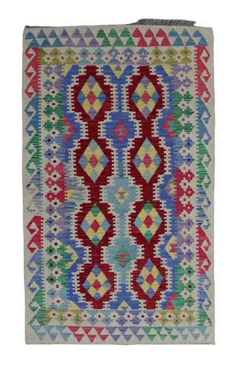 3X5 Handmade Vintage Turkish Kilim Area Rug – Multicolor Geometric
