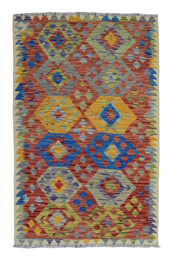 3X5 Handmade Vintage Turkish Kilim Area Rug – Multicolor Diamond