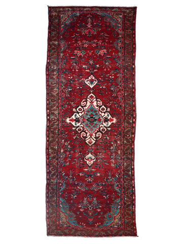 4X14 Handmade Vintage Turkish Area Rug – Geometric Red