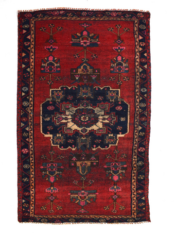 4X7 Handmade Vintage Turkish Area Rug – Geometric Red