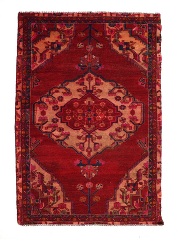 4X7 Handmade Vintage Turkish Area Rug – Red Geometric Medallion