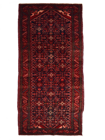 4X11 Handmade Vintage Turkish Area Rug – Red Geometric