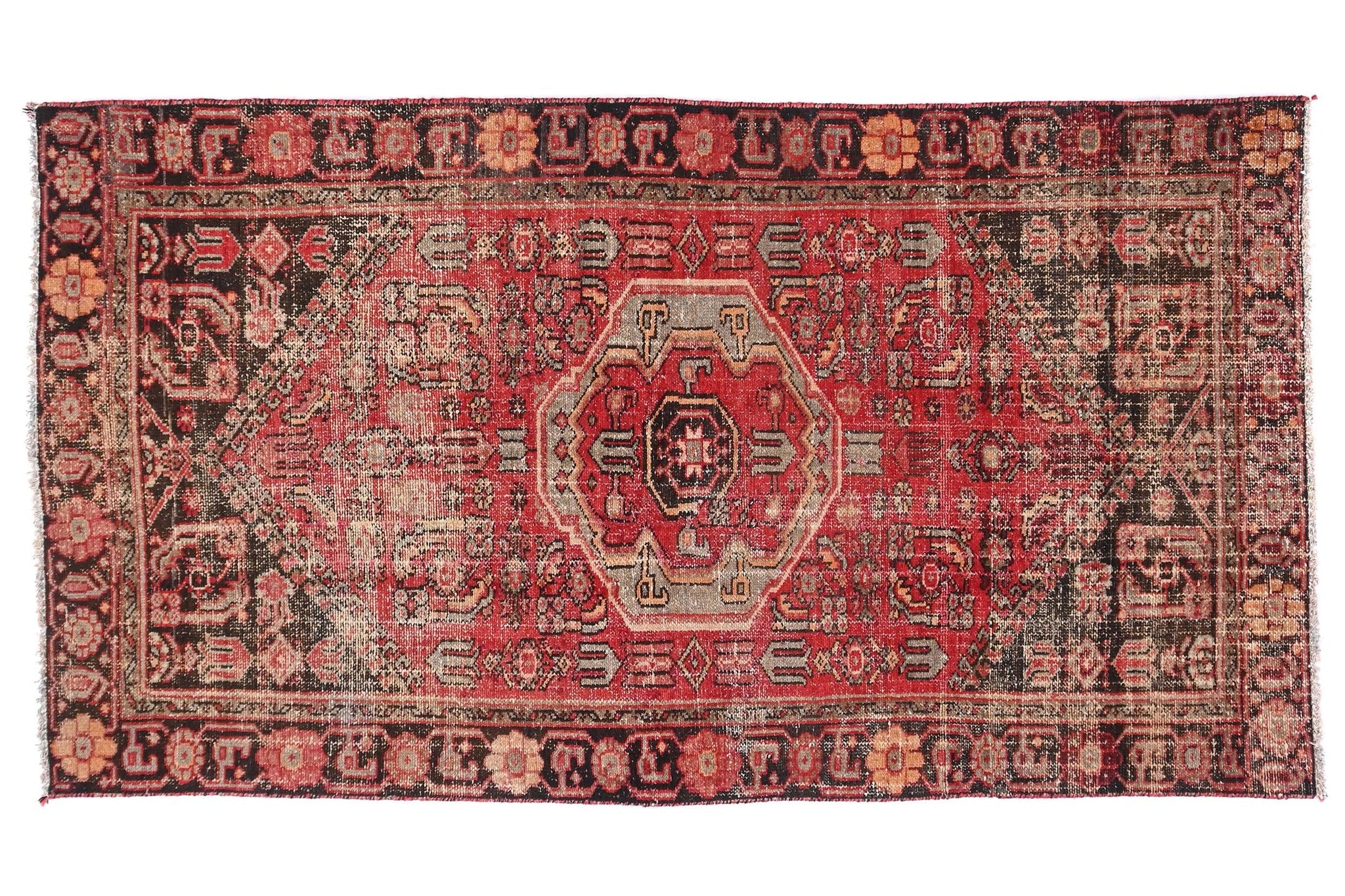 4x7 Handmade Turkish Vintage Tribal Rug | Hexagonal Emblem With Arrowhead Guardians | Boho Rug, Anatolian Rug | SHR461 | From 1980