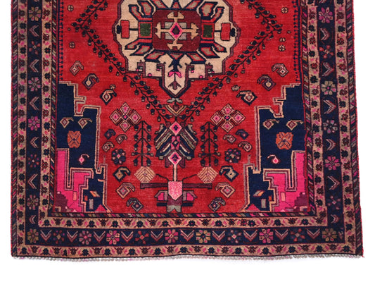 4x6 Handmade Turkish Vintage Tribal Rug | Crimson Garden Emblem With Indigo Floral Flanks | Boho Rug, Anatolian Rug | SHR458 | From 1980
