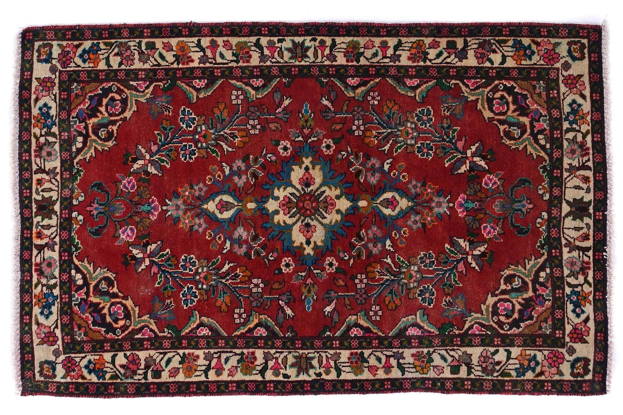 3x6 Handmade Turkish Vintage Tribal Rug | Floral Symmetry on Crimson & Cream Border | Boho Rug, Antique Anatolian Rug | SHR401 | From 1980