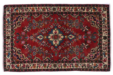 3x6 Handmade Turkish Vintage Tribal Rug | Floral Symmetry on Crimson & Cream Border | Boho Rug, Antique Anatolian Rug | SHR401 | From 1980