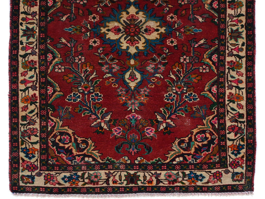 3x6 Handmade Turkish Vintage Tribal Rug | Floral Symmetry on Crimson & Cream Border | Boho Rug, Antique Anatolian Rug | SHR401 | From 1980