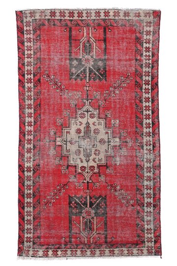 4X6 Handmade Vintage Turkish Accent Rug – Geometric Red