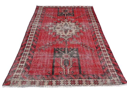 4x6 Handmade Turkish Vintage Tribal Rug | Red Floral Diamond Medallion | Boho Rug, Anatolian Rug | SHR439 | From 1980