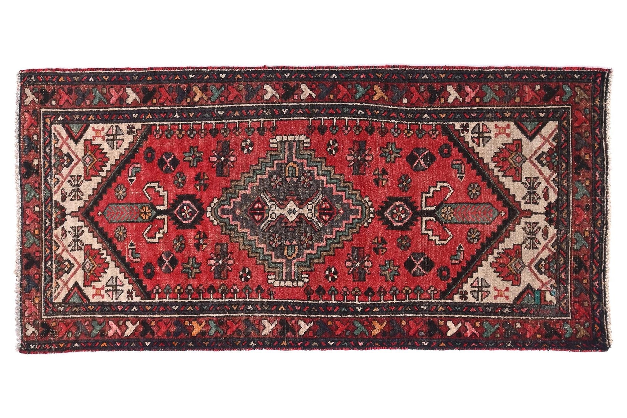 3x6 Handmade Turkish Vintage Tribal Rug | Red Ground With Latch Hook Medallion | Boho Rug, Anatolian Rug | SHR433 | From 1980