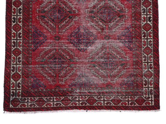 4x6 Handmade Turkish Vintage Tribal Rug | Diamond Grid Field with Deep Red | Boho Rug, Antique Anatolian Rug | SHR-407 | From 1980
