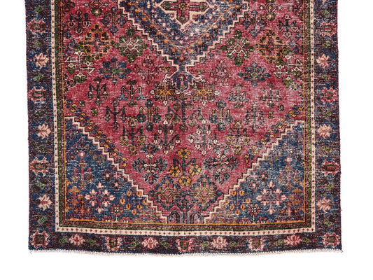 4x6 Handmade Turkish Vintage Tribal Rug | Faded Diamond with Indigo Floral Corners | Boho Rug, Antique Anatolian Rug | SHR413 | From 1980