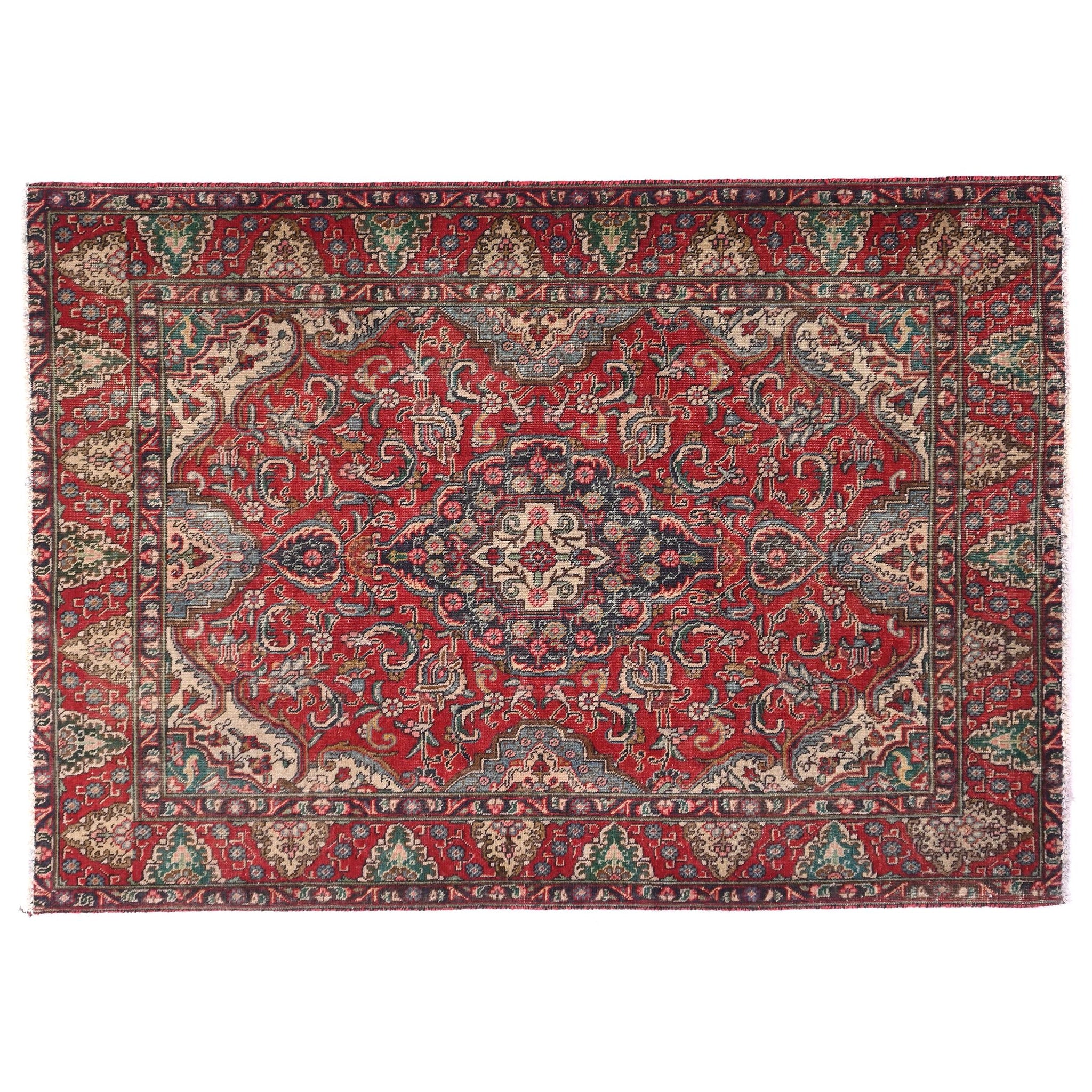 Decorative rug with intricate patterns on a white background
