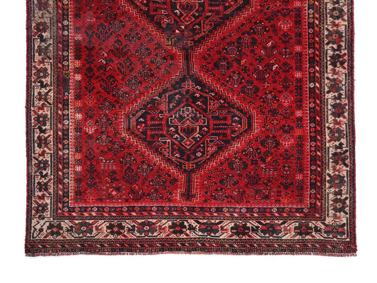 5x6 Handmade Turkish Vintage Tribal Rug | Double Medallion With Rich Burgandy Field | Boho Rug, Antique Anatolian Rug | SHR-455 | From 1980