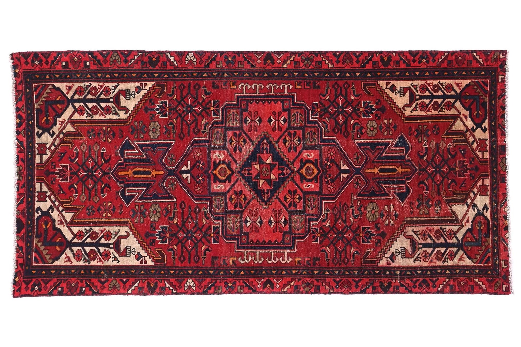 3x7 Handmade Turkish Vintage Tribal Rug | Deep Crimson Star Medallion in Ivory Frame | Boho Rug, Antique Anatolian Rug | SHR472 | From 1970