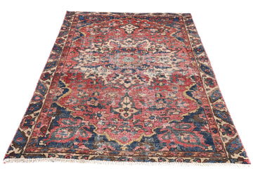 4x6 Handmade Turkish Vintage Tribal Rug | Floral Sunburst In Rustic Rose & Sapphire | Boho Rug, Antique Anatolian Rug | SHR478 | From 1970