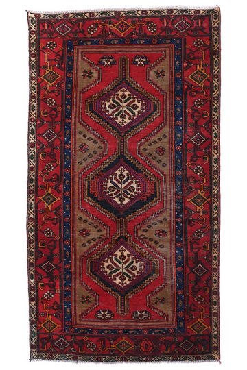 4X7 Handmade Vintage Turkish Area Rug – Geometric Red