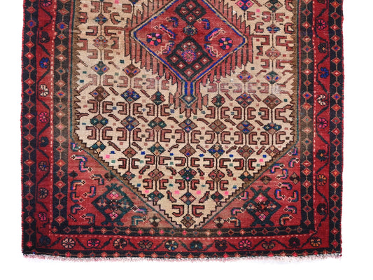 3x5 Handmade Turkish Vintage Tribal Rug | Cream Maze & Red Diamond Flame Medallion | Boho Rug, Antique Anatolian Rug | SHR493 | From 1970