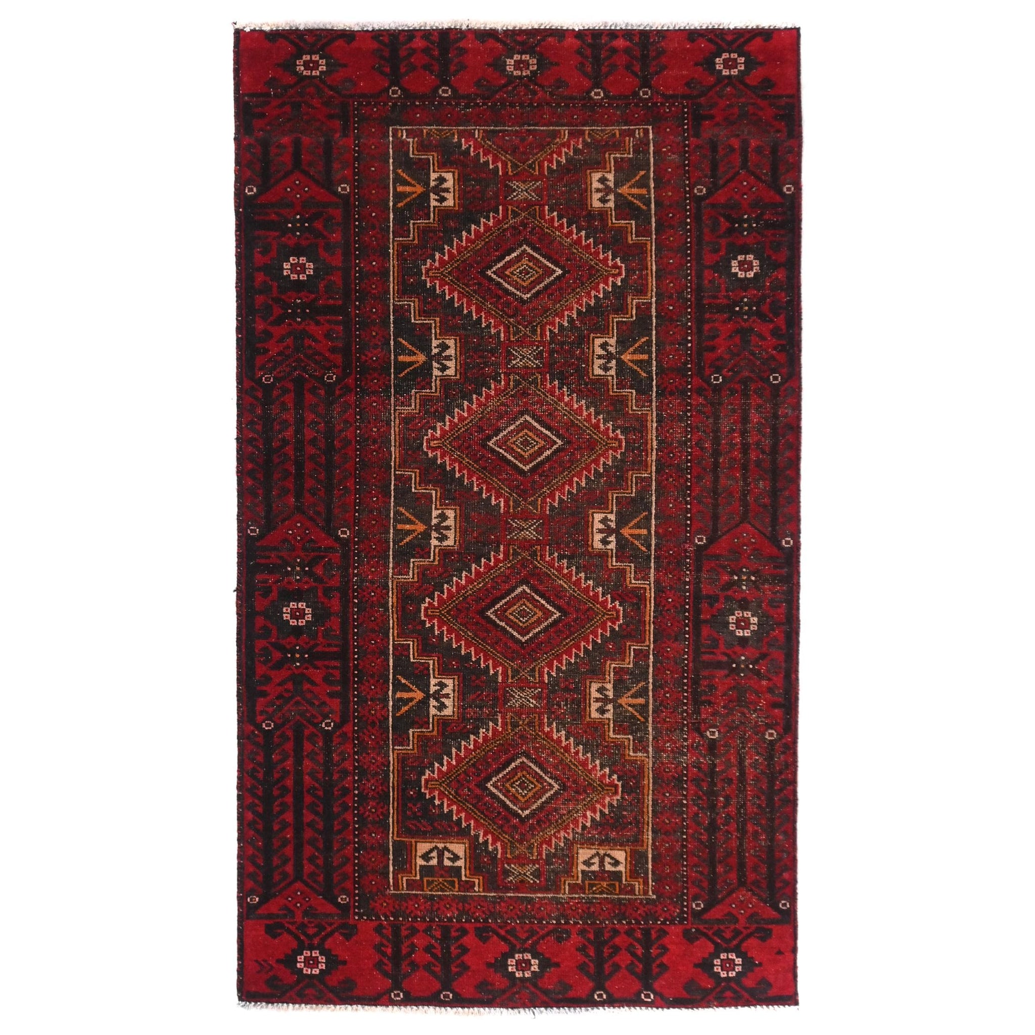 3x5 Handmade Turkish Vintage Tribal Rug | Intricate Diamond Patterns on Crimson Field | Boho Rug, Antique Anatolian Rug | SHR515 | From 1970