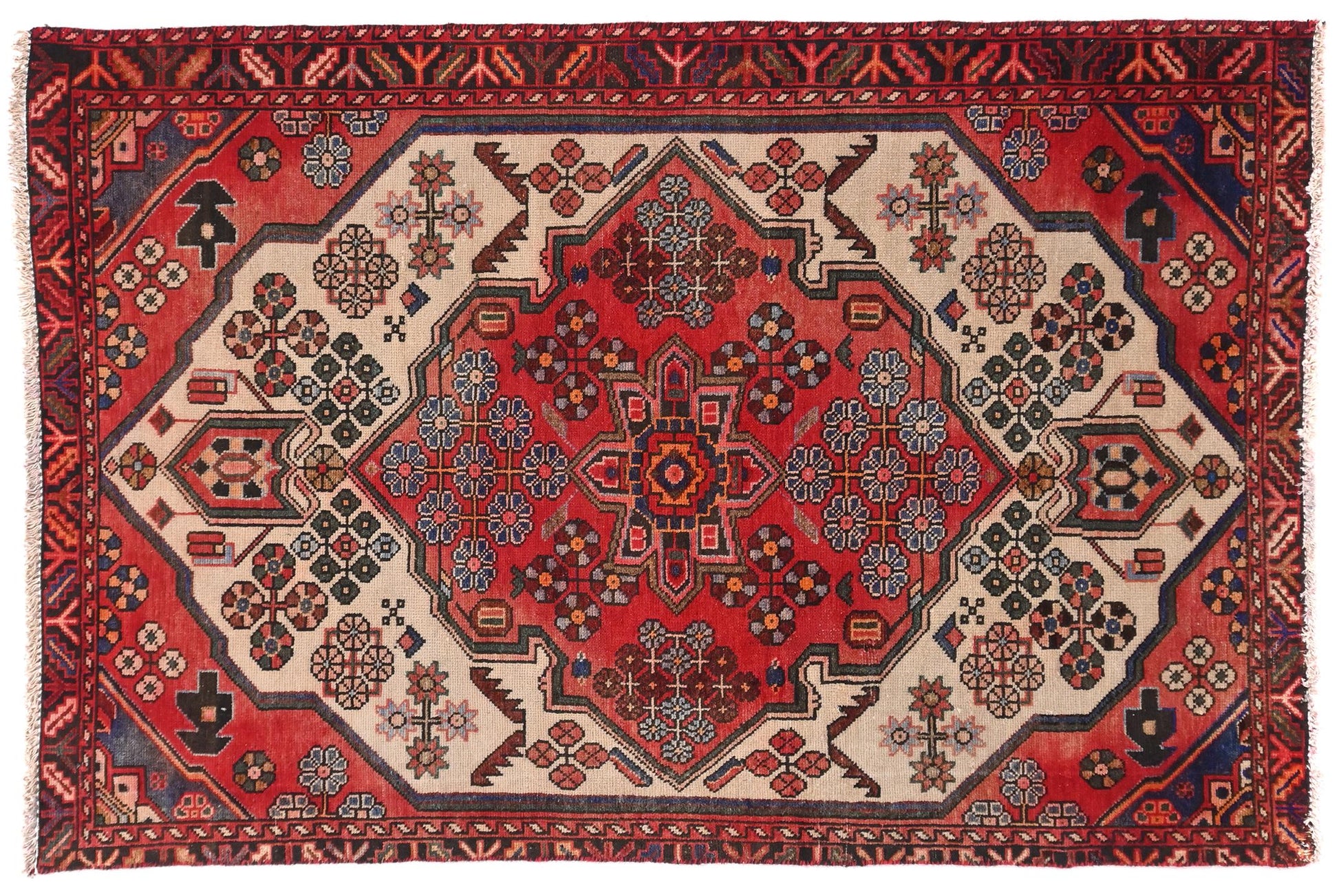 Decorative rug with intricate patterns on a white background