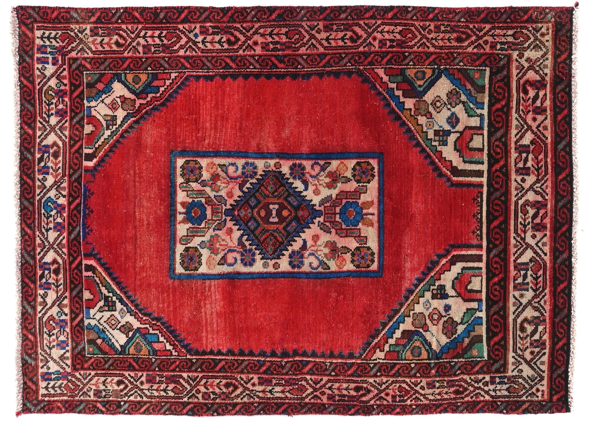 4x5 Handmade Turkish Vintage Tribal Rug | Exquisite Medallion in Royal Red | Boho Rug, Antique Anatolian Rug  | SHR520 | From 1970