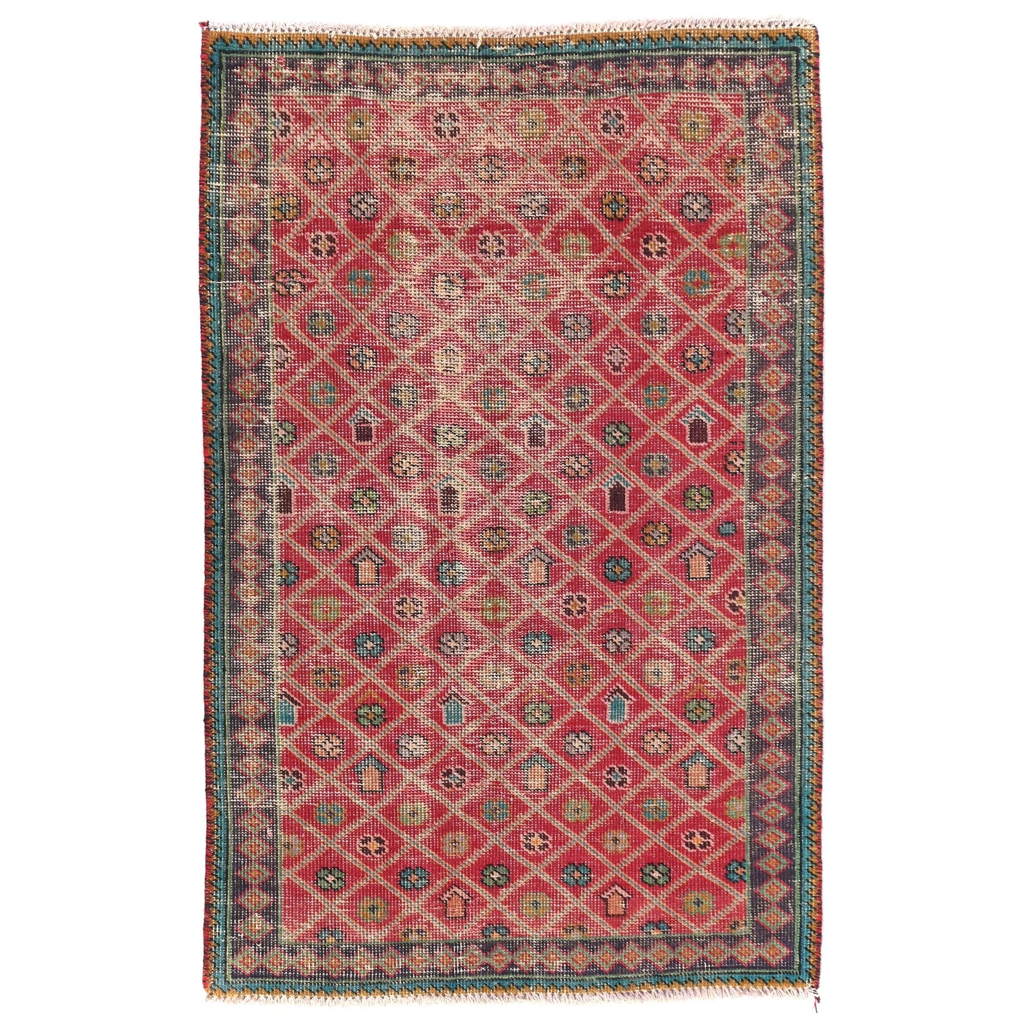 3x5 Handmade Turkish Vintage Tribal Rug | Intricate Geometric Harmony | Boho Rug, Antique Anatolian Rug | SHR527 | From 1970
