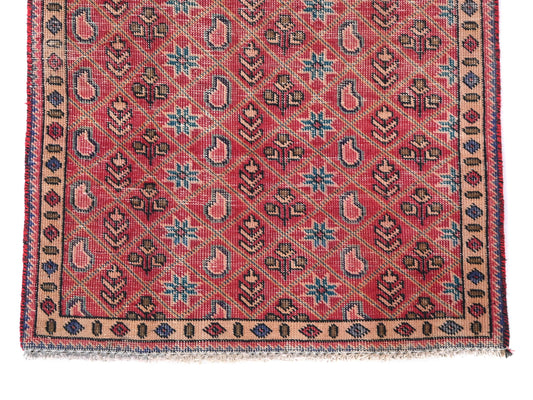 3x5 Handmade Turkish Vintage Tribal Rug | Rosette Paisley Star-field In Soft Red | Boho Rug, Antique Rug | SHR545 | From 1970