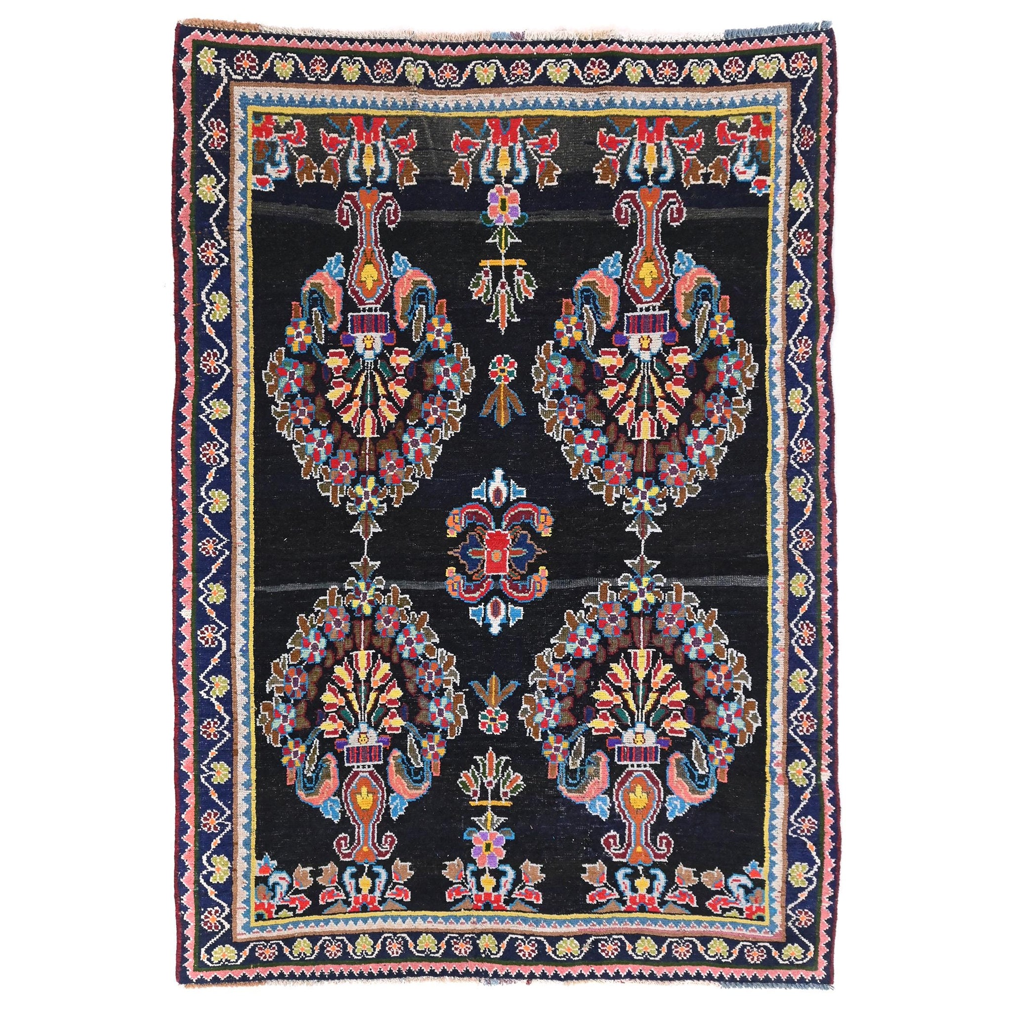 5x7 Handmade Turkish Vintage Tribal Rug | Rich Navy Medallions On A Black Field | Boho Rug, Antique Rug | SHR582 | From 1970