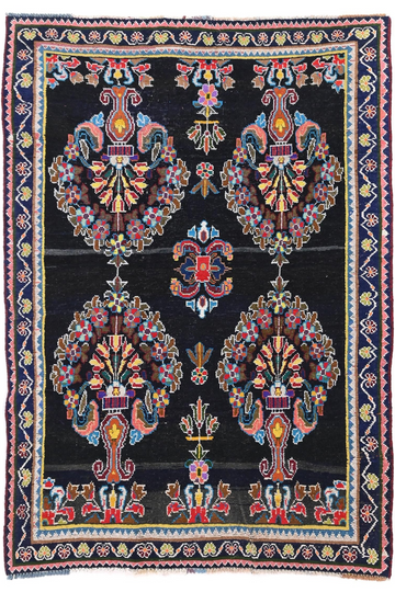 5X7 Handmade Vintage Turkish Area Rug – Navy Medallions