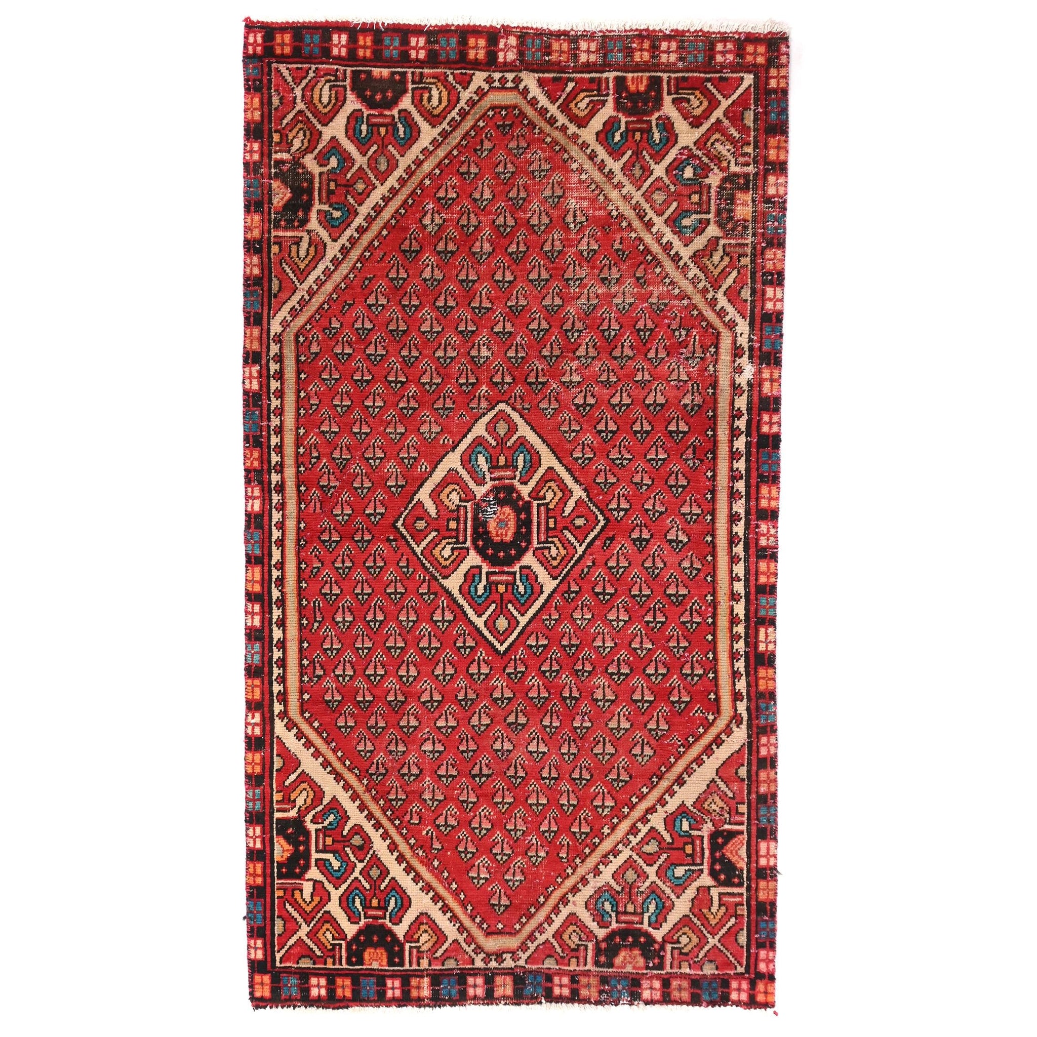 3x5 Handmade Turkish Vintage Tribal Rug | Repeated Geometric Diamonds With Vibrant Red Field | Boho Rug, Antique Rug | SHR584 | From 1970