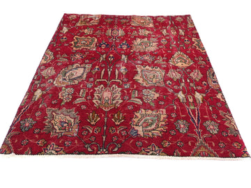 4x5 Handmade Turkish Vintage Tribal Rug | Deep Red Field With Floral Blossoms In Moss & Beige | Boho Rug, Antique Rug | SHR590 | From 1970